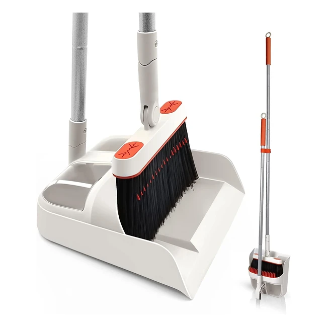 Jehonn Dustpan and Brush Set - Long Handled 180° Rotating Sweeping Brush - Indoor Outdoor - Grey/Red