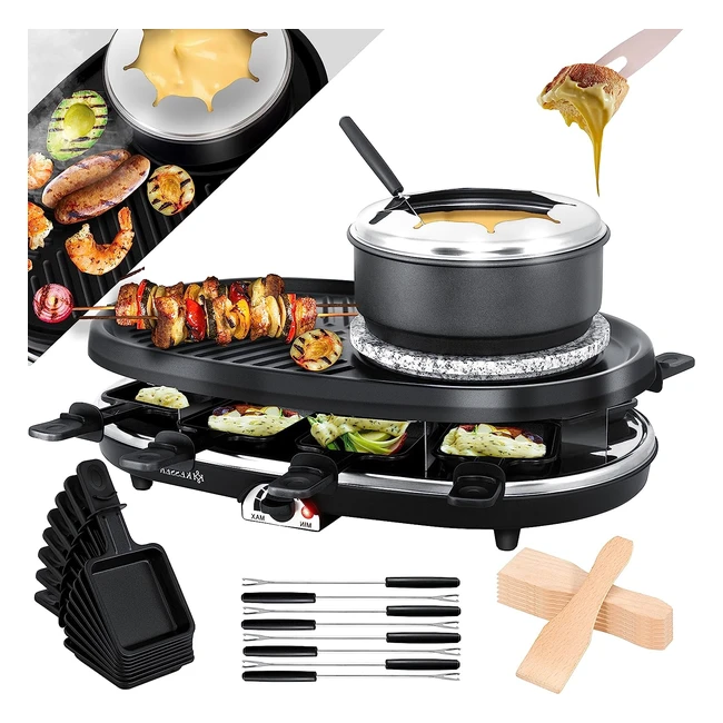 Kesser Appareil Raclette 3en1 avec Pierre de Cuisson Naturelle - Plaque de Gril et Fondue - Barbecue de Table pour 8 Convives