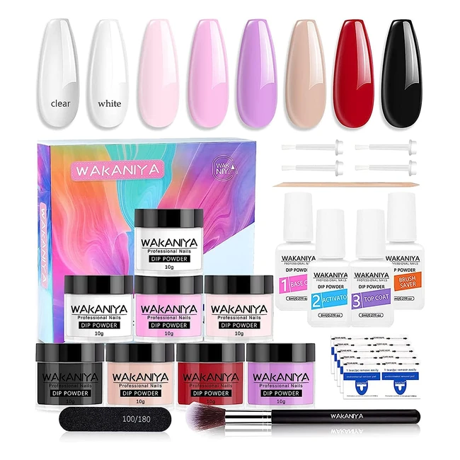 Wakaniya Dipping Powder Nail Kit - Starter Set with 8 Colors Base Top Coat Ac
