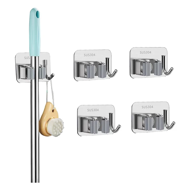 Colgador Escobas y Fregonas 4 Piezas - Soporte Pared Adhesivo - Organizador de U