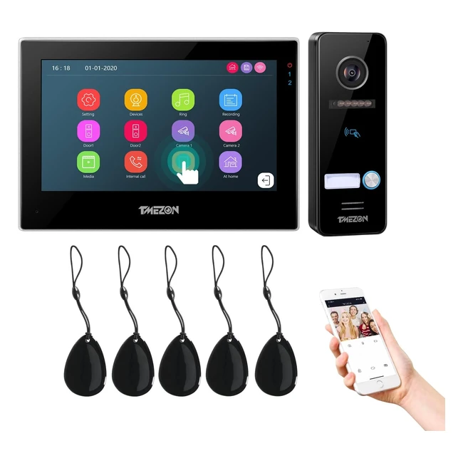 Interphone vidéo Tmezon 1080p avec vision nocturne et connexion WiFi - Ouverture de porte par carte RFID - Moniteur tactile