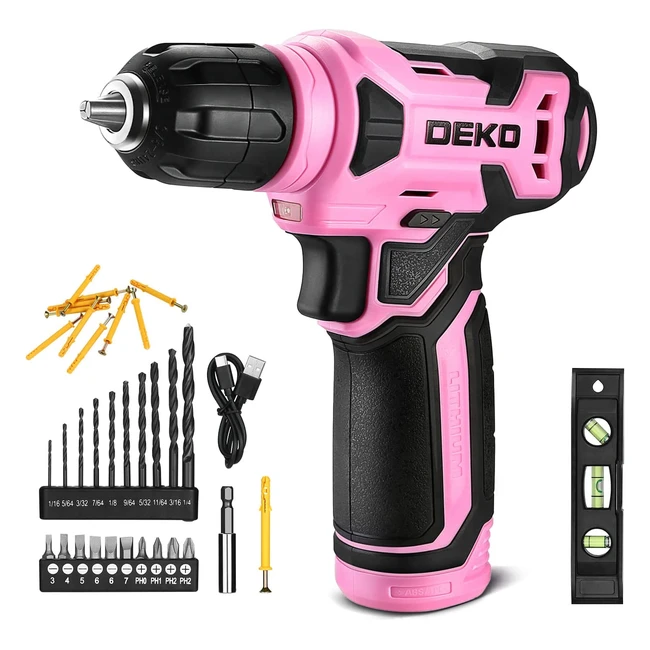 DEKOPRO 8V Cordless Drill Set with 38-Keyless Chuck & 42pcs Accessories - Built-in LED - Pink Power Drill