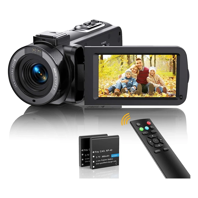 Caméscope Caméra Vidéo FHD 1080p 36MP 30fps - Vlogging Caméra pour YouTube - Version Nuit IR - Zoom Numérique 16x - Enregistreur Numérique avec Télécommande - 2 Piles