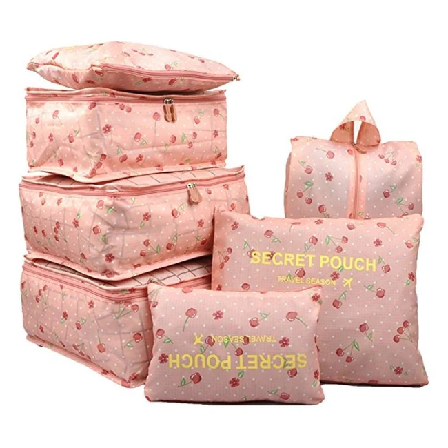 7pcs Luggage Organiser Set - Compression Pouch Packing Cubes - Travel Storage Bags - Clothes Suitcase - Cherry