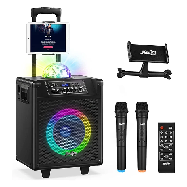 Karaoke Moukey con Subwoofer da 10, Altoparlante Portatile Bluetooth, 2 Microfoni Wireless, Luci da Discoteca - Grande Suono e Funzione TWS
