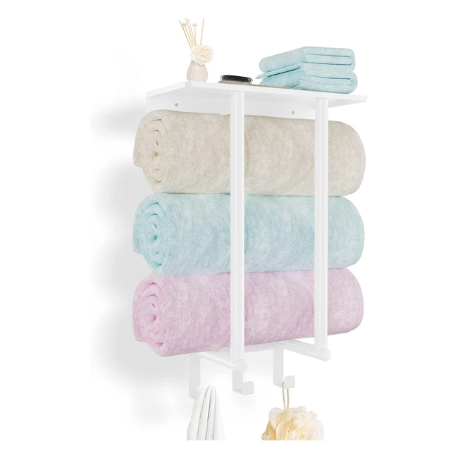 Bethom Towel Racks Wall Mounted - Bathroom Towel Rack with Shelf 3 Hooks - Whit