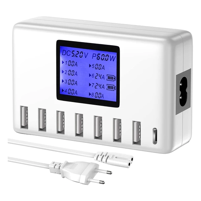 Stazione di Ricarica USB 60W 8 Porte - Hub di Ricarica USB 12A - Caricabatterie Intelligente da Tavolo con Display LCD - Compatibile con iPhone, iPad, Android