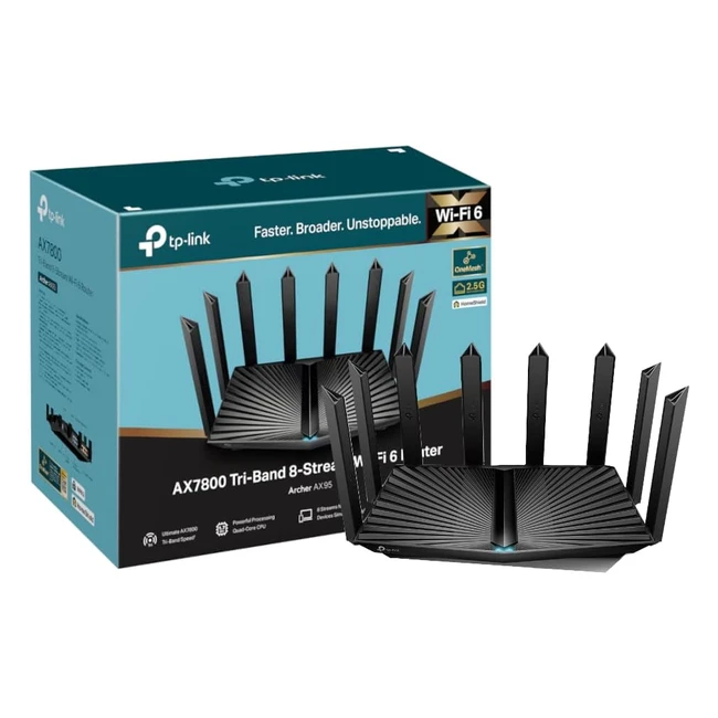 TP-Link AX7800 Tri-Band Gigabit WiFi 6 Router - Up to 7800 Mbps, 12.5 Gbps, 4.1 Gbps Ports, 1.7 GHz Quad-Core CPU - Ideal for Gaming, Xbox, PS4, Steam, 4K, 8K - OneMesh, Archer AX95