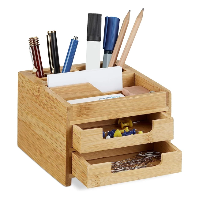 Organiseur de Bureau en Bambou - Distributeur de Bureau avec Porte-Stylos - 2 Tiroirs - Hxlxp 95 x 125 x 15 cm