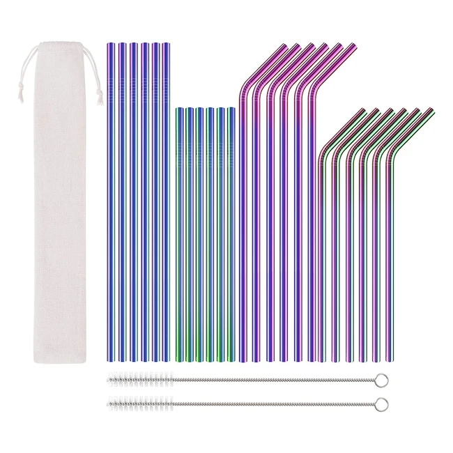 Paille en acier inoxydable réutilisable, lot de 24 pailles métalliques colorées avec 2 brosses et 1 sac de rangement