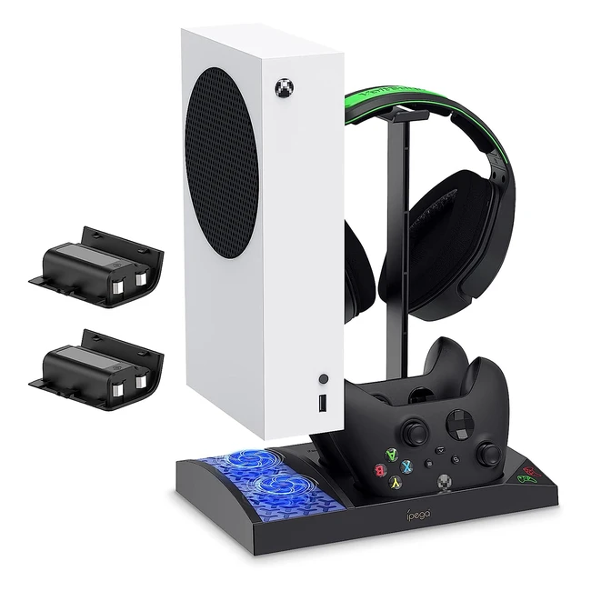 FYOUNG Vertical Charging Cooling Stand for Xbox Series S - Rechargeable Battery Charging Station with Cooling Fan System - 2x1400mAh Batteries - Headset Holder - Black