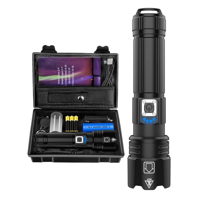 Linterna LED Recargable Maxesla 10000 Lumens XHP702 con Zoom - Alta Potencia - 5 Modos de Luz - 5000mAh - Táctica