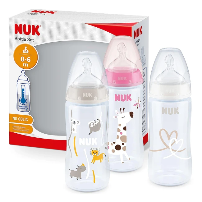 NUK First Choice Babyflaschenset 06 Monate Temperaturanzeige 300ml Antikolikventil BPA-frei Silikonsauger 3er Pack Pink Giraffe