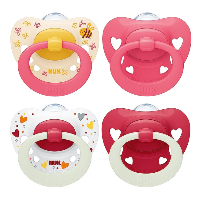 NUK Signature Day & Night Baby Dummy, 6-18 Months, BPA-free, Heart Shape, Glows in the Dark, Pack of 4