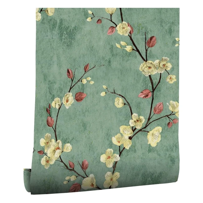 Yellow Flower Green Wallpaper Peel and Stick - Vintage Vinyl - Kitchen Cabinets 