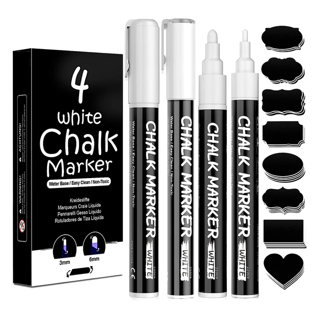 White Chalk Pens Liquid Chalk Pens for Blackboards - 4 Pack 3mm and 6mm Reversi