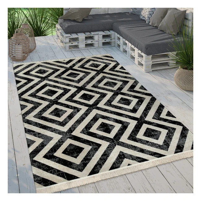 Tapis intérieur extérieur tissé plat motif losanges moderne 60x100 cm noir blanc