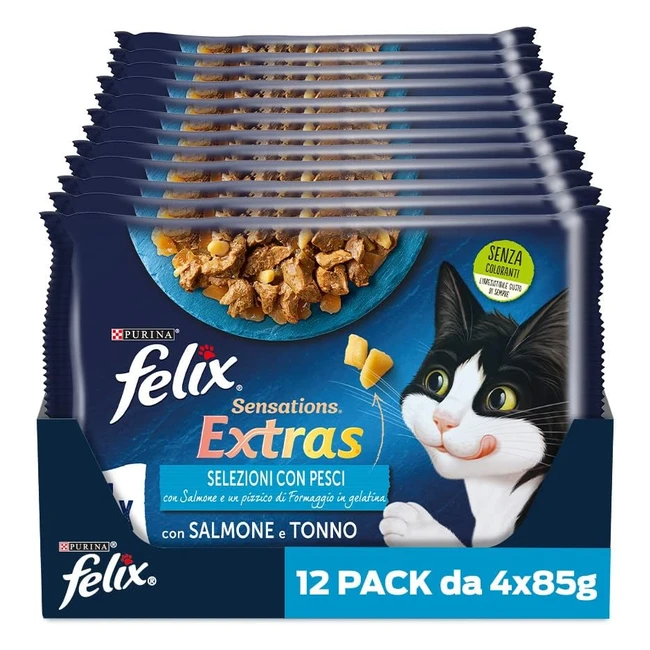 Purina Felix Sensations Extras - Cibo umido per gatti con salmone e formaggio - 48 buste da 85g