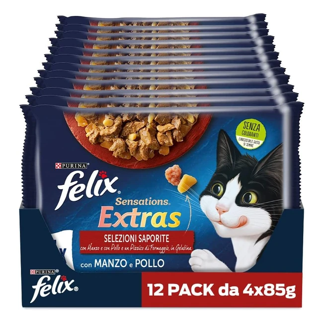Purina Felix Sensations Extras - Cibo umido per gatti con manzo e formaggio, pollo e bacon - 48 buste da 85g