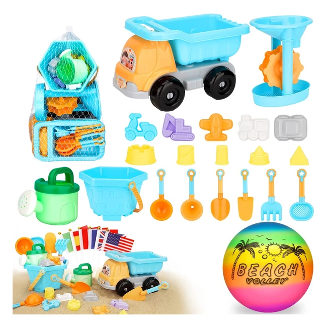 Astarx 30 Piezas Juegos de Playa para Niños - Cubo, Palas, Rastrillo, Moldes de Arena, Pelota, Banderas - Material Plástico