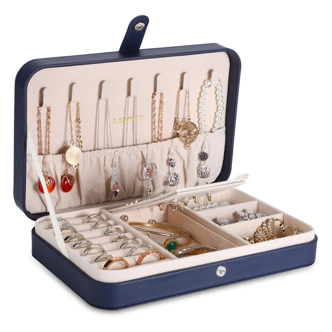Landici Small Jewellery Box Organizer - PU Leather Travel Jewelry Storage Case - Portable Holder Tray for Women Girls - Gift Box Kids - Navy Blue