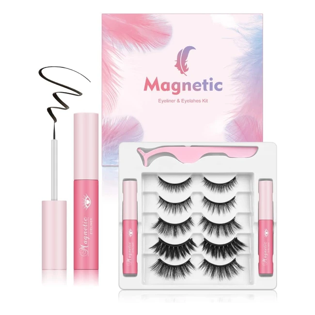 Upgraded Magnetic Eyelashes Kit - 5 Pairs with Eyeliner - Natural Look, Strong Hold