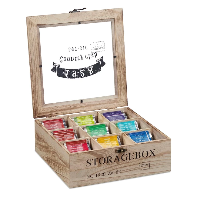 Caja de té Relaxdays con 9 compartimentos de madera - Organizador para infusiones y cápsulas - 9x24x25 cm