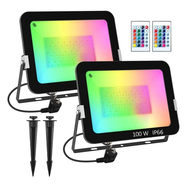 Projecteurs LED RGB Tsun 100W 2Packs - Projecteur LED couleur 16 couleurs 4 modes - IP66 étanche - Lampe spot LED pour Noël jardin paysage