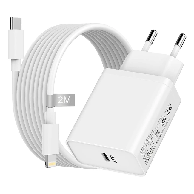 Chargeur Rapide iPhone 20W avec Câble 2m - Certifié Apple - Chargeur USB C Rapide pour iPhone 14 13 12 Pro Max - Adaptateur Secteur USB C