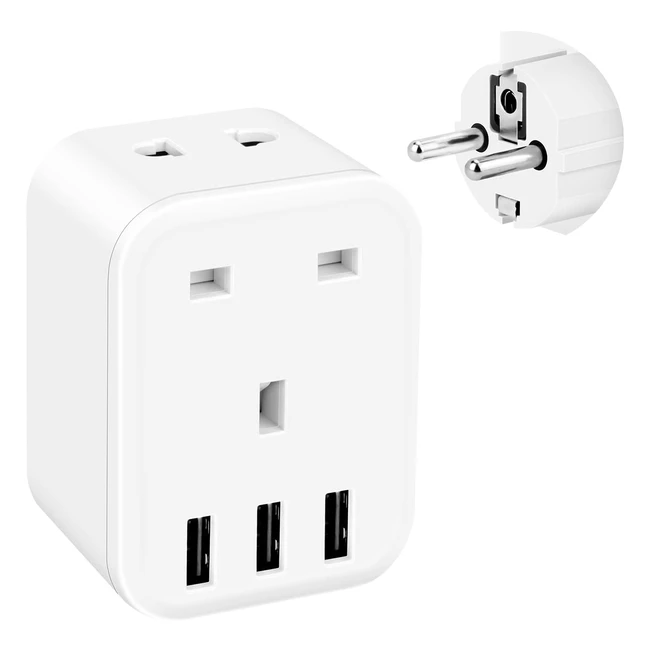Grounded EU Euro Europe Travel Adapter with 3 USB Slots and 2Pin Outlet - UK to European Plug Adapter 5in1 - Type EF