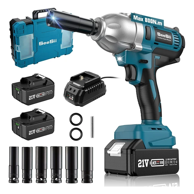 Seesii Cordless Impact Wrench 580ftlbs800nm High Torque 12-Inch Impact Gun Brushless w/ 2x 40Ah Battery Charger - 6 Sockets - Electric Impact Wrench for Car Tire Home