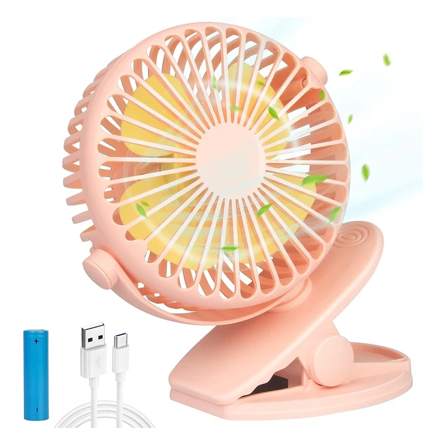 Ventilateur USB Puissant avec Pince de Table - Clip Silencieux 3 Vitesses - Réglage 720 - Bureau Camping Poussette Voiture - Pink