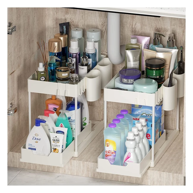 Under Sink Storage - BNIMTM 2 Pack White Kitchen Organiser - Sliding Drawer Pull Out with Hooks