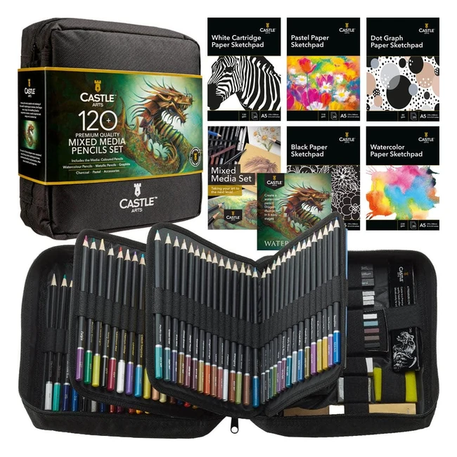 Ensemble de 120 crayons de couleur aquarellables Castle Art Supplies - Techniques mixtes - Pour artistes adultes - Tui de transport inclus