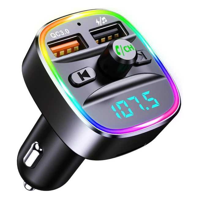 Transmetteur FM Bluetooth Voodii 53 QC30 - Adaptateur Voiture avec Support Siri/Bixby/Google Assistant - Disque U/Carte TF - Allume-Cigare Bluetooth avec 2 Ports USB - Appel Mains Libres