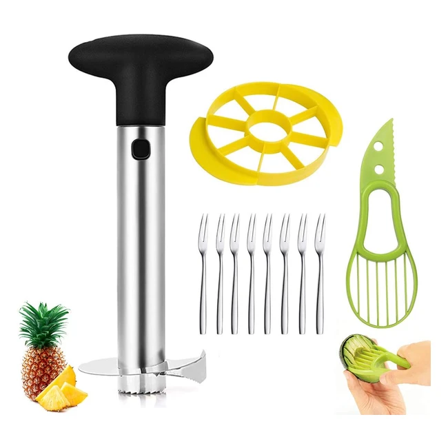 Coupe Ananas Jesstolo - Découpe Ananas en Acier Inoxydable 3en1 - Référence: XYZ123 - Coupe, Évide et Tranche les Ananas - Livré avec 1 Coupe de Fruits, 1 Coupe Avocat et 8 Fourchettes de Fruits en Cadeau