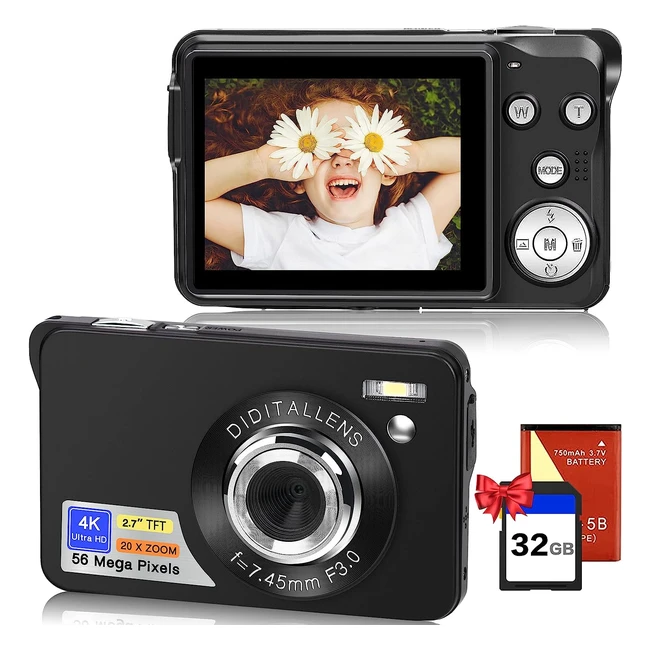 Cámara Fotos 56MP 4K HD - Compacta con Tarjeta 32GB - Zoom Digital 20x - 27 Pulgadas - Recargable - Negro