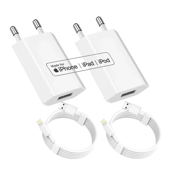Chargeur Rapide iPhone Certifié Apple MFI - Lot de 2 Chargeurs 5W - Câble 1m - Adaptateur Secteur USB - Compatible avec iPhone 14/13/12/11 Pro Max