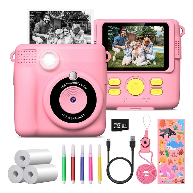 Cámara Infantil Instantánea GreenKinder 24 HD 1080p - Tarjeta SD de 32GB - Bolígrafos de Colores y Papel de Impresión