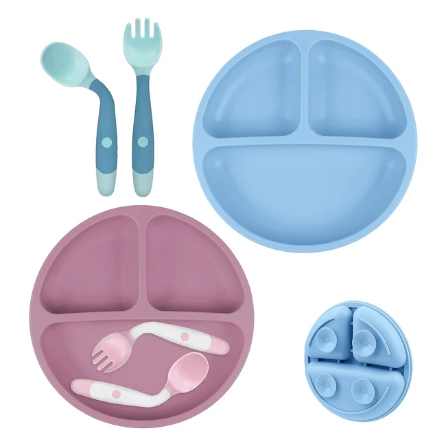 Vicloon Assiettes en Silicone avec Ventouse pour Bébé - 2pcs Assiette Ventouse pour Bébé - 2 Cuillères et 2 Fourchettes Incassables - Passe au Lave-Vaisselle et au Micro-Ondes - Rose Foncé/Gris/Bleu