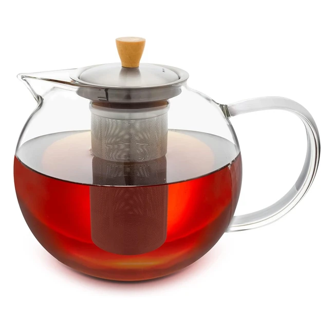Théière en verre sans chauffe-thé 18L avec infuseur thé inox, élégante poignée en bois et passoire en acier inoxydable