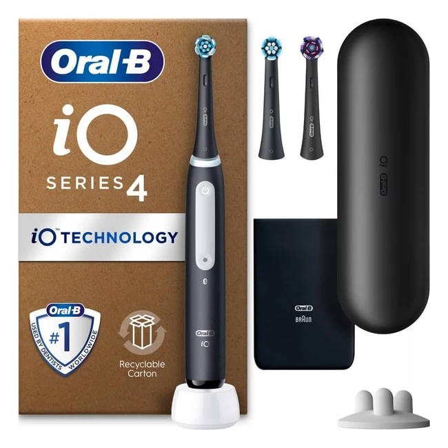 OralB IO4 Electric Toothbrush - Gifts for Women & Men - 3 Toothbrush Heads - Travel Case - Toothbrush Head Holder - 4 Modes - Teeth Whitening - 2 Pin UK Plug - Black