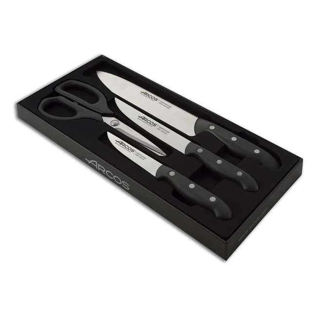 Ensemble de couteaux de cuisine Arcos 4 pièces - Couteaux de chef et ciseaux en polyoxyméthylène - Série Maître - Couleur noire