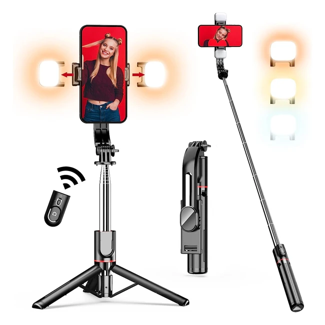 Selfie Stick Tripod with 2 Fill Lights - Extra Long 115cm - Phone Holder for Tra