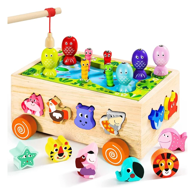 Montessori Toys for 2-4 Year Olds - Shape Sorter Learning Toys - Wooden Fishing Game Car - Preschool Fine Motor Skills - 6-in-1 Toddler Toys