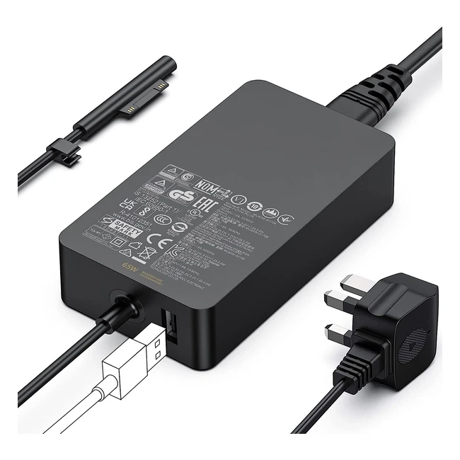 65W Microsoft Surface Charger for Surface Pro 34567789 - Fast Charging, USB Port