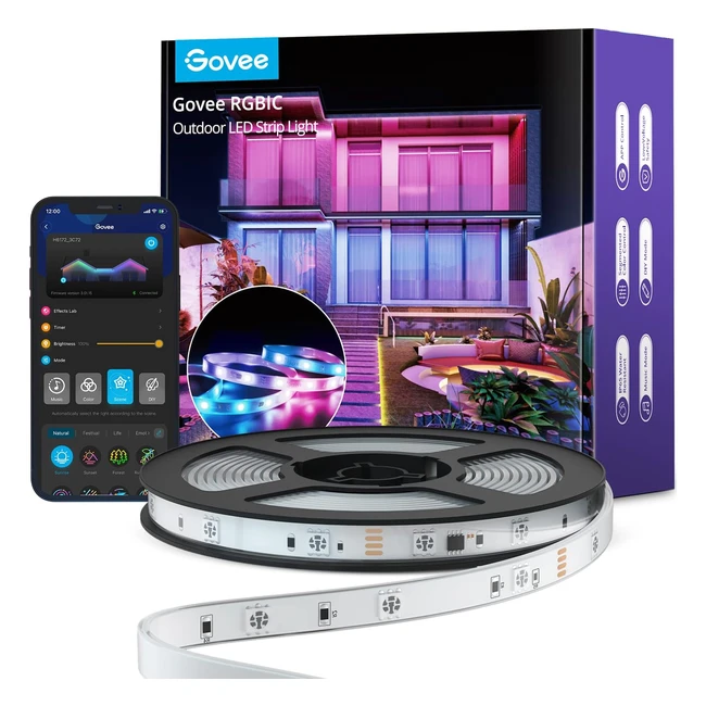 Govee Outdoor LED Strip 10m IP65 wasserdicht | Alexa Appsteuerung | RGBIC LED Streifen mit Segmentsteuerung | Farbwechsel | Musik Sync
