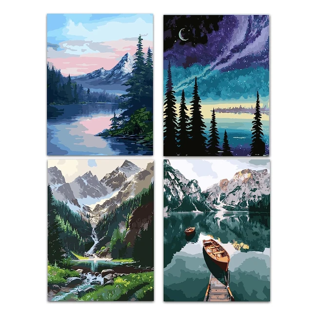 Hongyrjy Paint by Numbers - Landscape Kits for Adults - Beginner Home Wall Decor - 4 Pack - 16x12inch