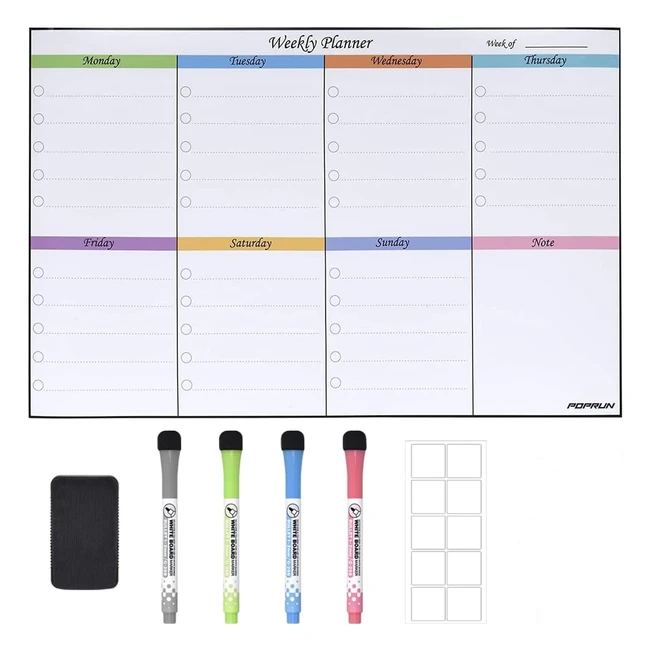 Weekly Planner Whiteboard for Wall - Poprun 4328cm - Dry Wipe - Nonmagnetic - Kitchen Meal Planner Board - A3 - Work Rota - Fitness Planner - Memo Calendar