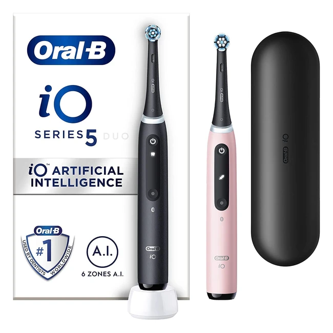 OralB IO5 Electric Toothbrushes with AI - Gifts for Women & Men - 2 Handles, 2 Heads, 1 Travel Case - 5 Modes - Teeth Whitening - UK 2 Pin Plug - Black/Pink